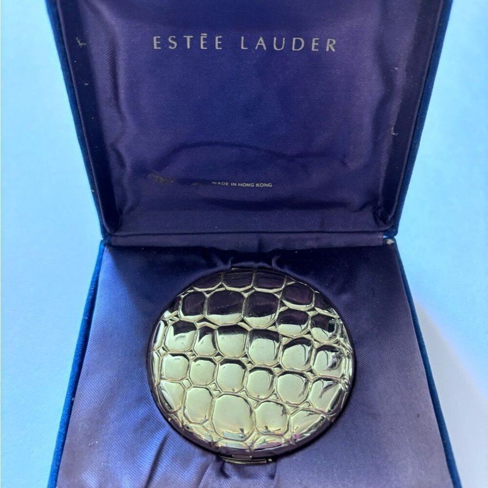 Vintage Estee Lauder Crocodile Stamped Gold Compact Made in Hong Kong